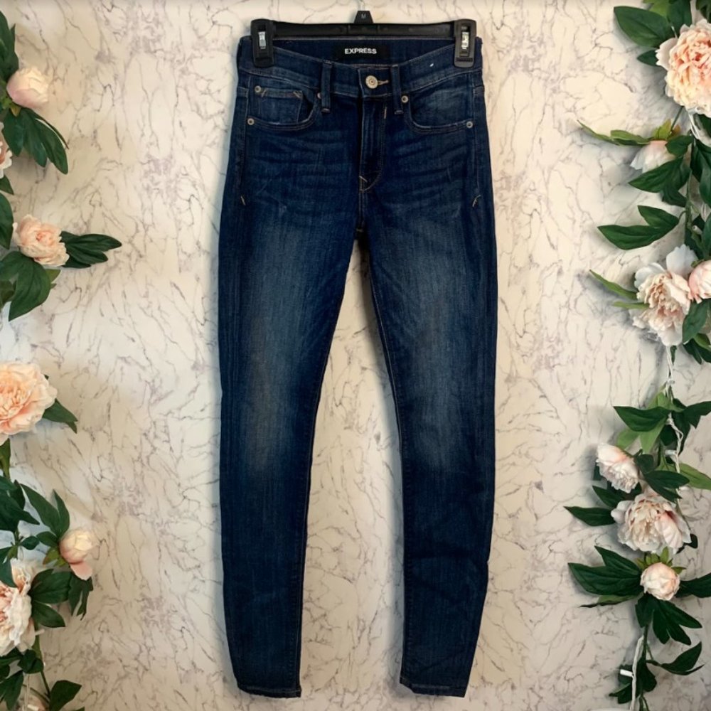 EXPRESS Mid Rise Faded Dark Wash Skinny Jeans